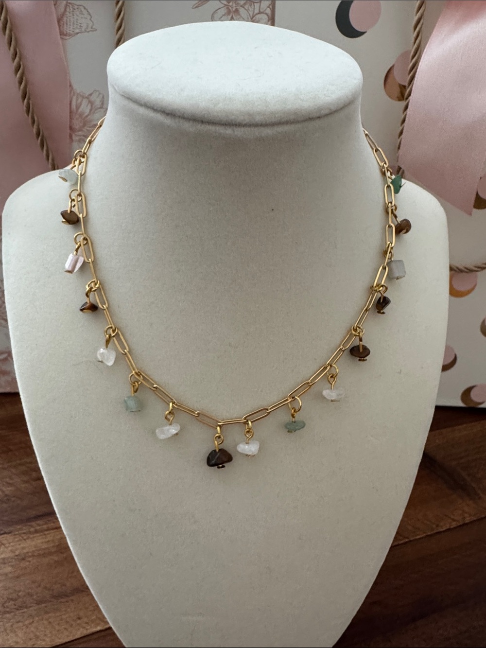 Handmade 18k Plated Gold Chain Necklace with Multi-Color Real Gemstones